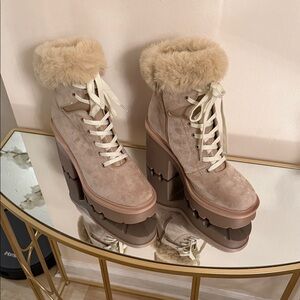 Cato Beige Fur-Lined Lace-Up Boots